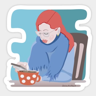 Redhead girl with a cell phone and cappuccino Sticker